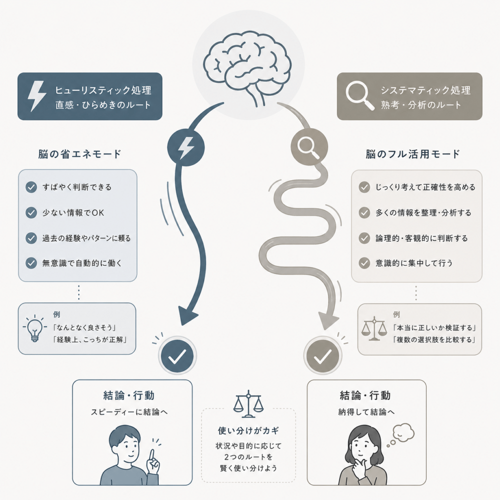 Clean infographic comparing two decision-making routes: a short curved arrow labeled with a lightning bolt icon versus a long winding arrow with a magnifying glass icon, both starting from a brain outline, flat vector, muted slate blue and warm grey on off-white background, thin line weights, lots of white space, no text labels, modern Japanese editorial blog aesthetic