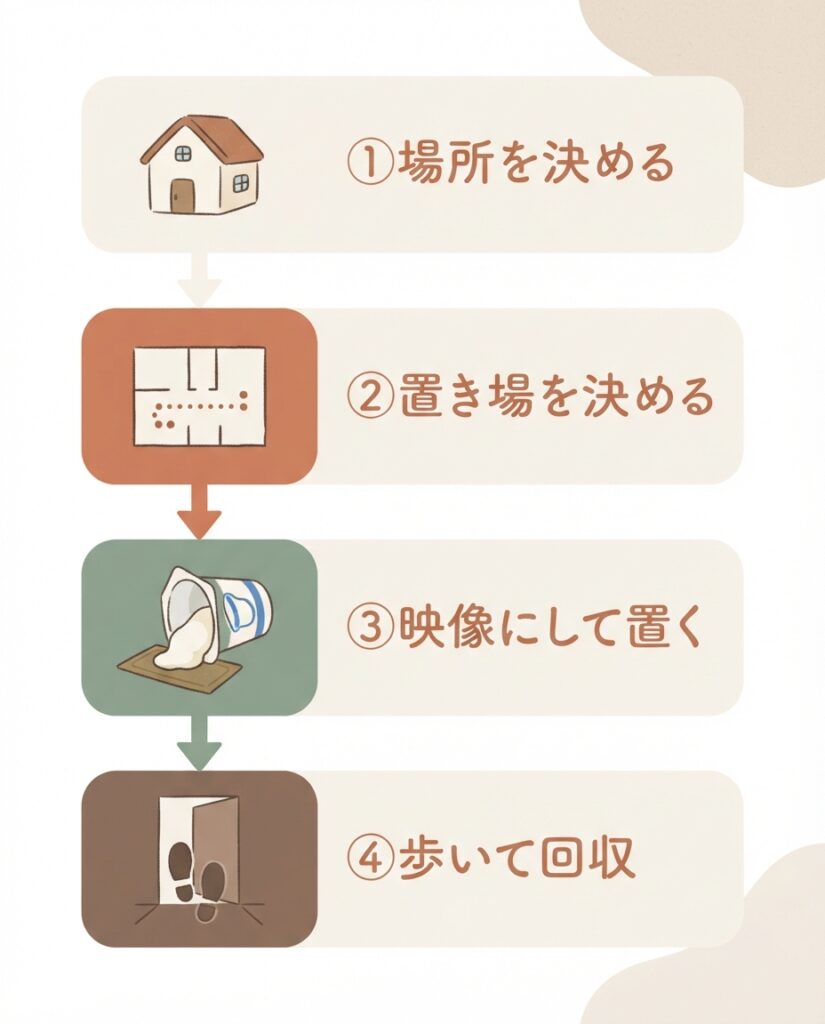 A vertical four-step flow of four rounded cards connected by soft downward arrows, each card holding one simple hand-drawn icon: a small house, a floor plan with five dots along a dotted path, a giant yogurt cup tipped over on a doormat, and a pair of footprints walking through a doorway. Clear empty space to the right of every icon. Warm natural editorial illustration. Palette: warm cream #F7F1E8, soft terracotta #C97B5A, sage green #8AA08A, muted clay brown #8C6B58. Soft diffused daylight, gentle organic shapes, hand-drawn feel with subtle paper grain, generous white space, calm and encouraging mood. no text or lettering anywhere in the image; leave clear empty space beside each element where labels will be added later.