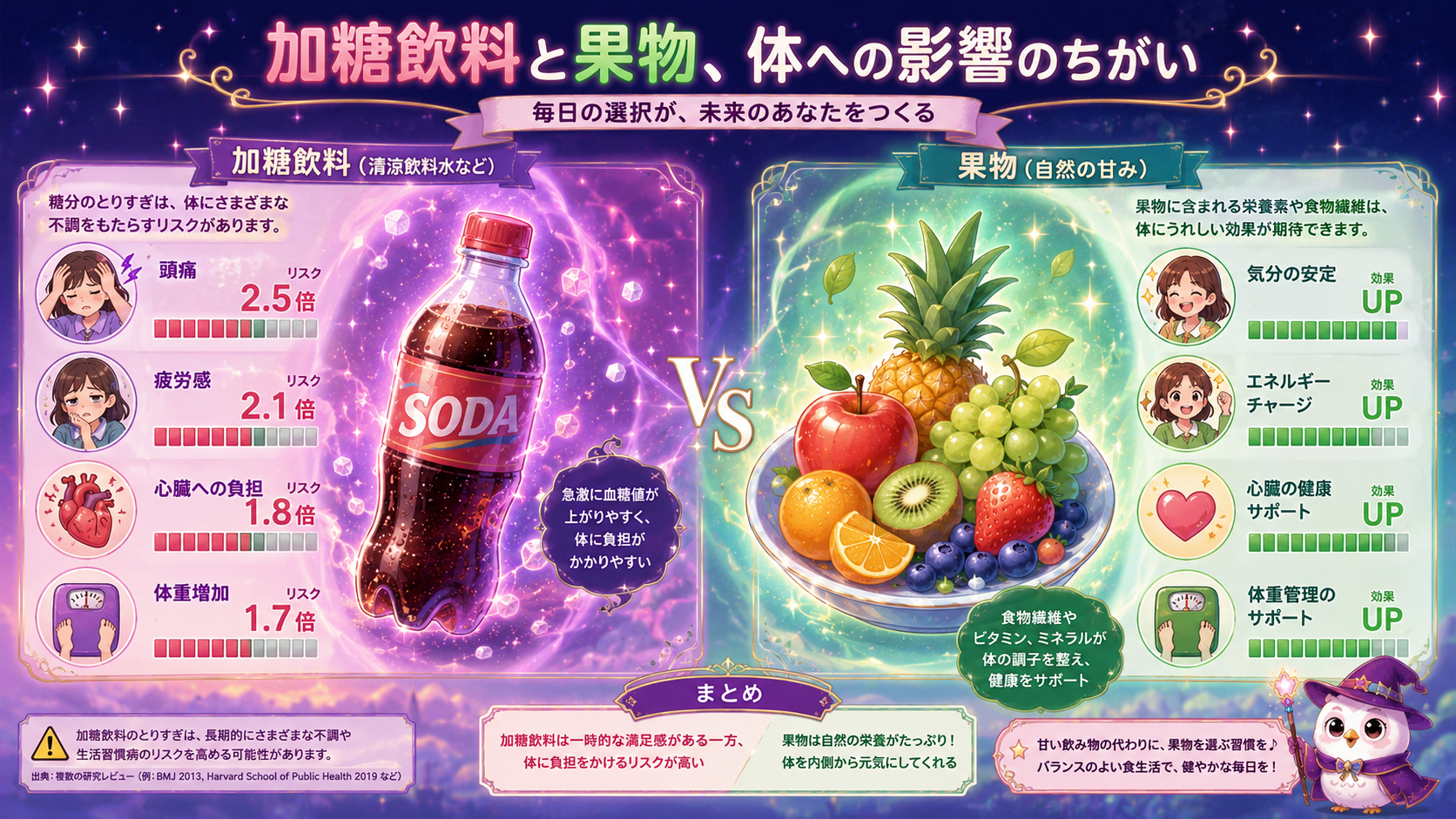 A colorful fantasy comparison infographic: on one side a glowing soda bottle with warning
sparkles and small icons of headache, fatigue, heart; on the other side fresh fruit with
calm green glow. Magic chart elements, violet-pink-teal palette, storybook style,
clean readable layout, vibrant colors.