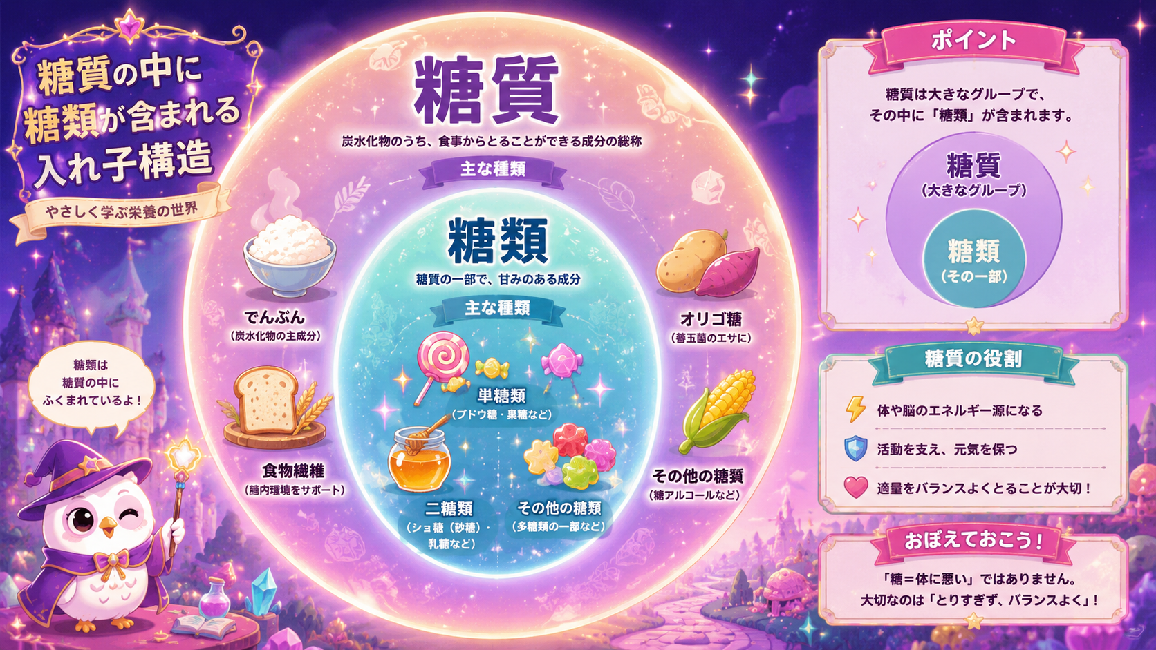 A colorful fantasy infographic showing a large glowing circle labeled CARBS containing
a smaller sparkling circle labeled SUGARS, with cute candy, rice and bread icons,
magical floating labels. Violet-pink-teal palette, soft glow, storybook style,
clean readable layout, vibrant colors.