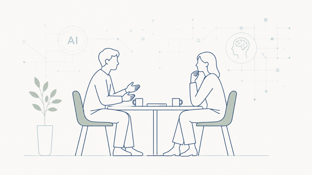 Minimal editorial illustration: two simplified human figures seated across a small table in conversation, rendered in clean thin line art, with a faint geometric grid pattern in the far background suggesting technology. Muted navy #1F4E79 and sage accents on warm off-white #FAFAF8. No faces detailed, calm and human mood, generous negative space, professional minimal aesthetic.