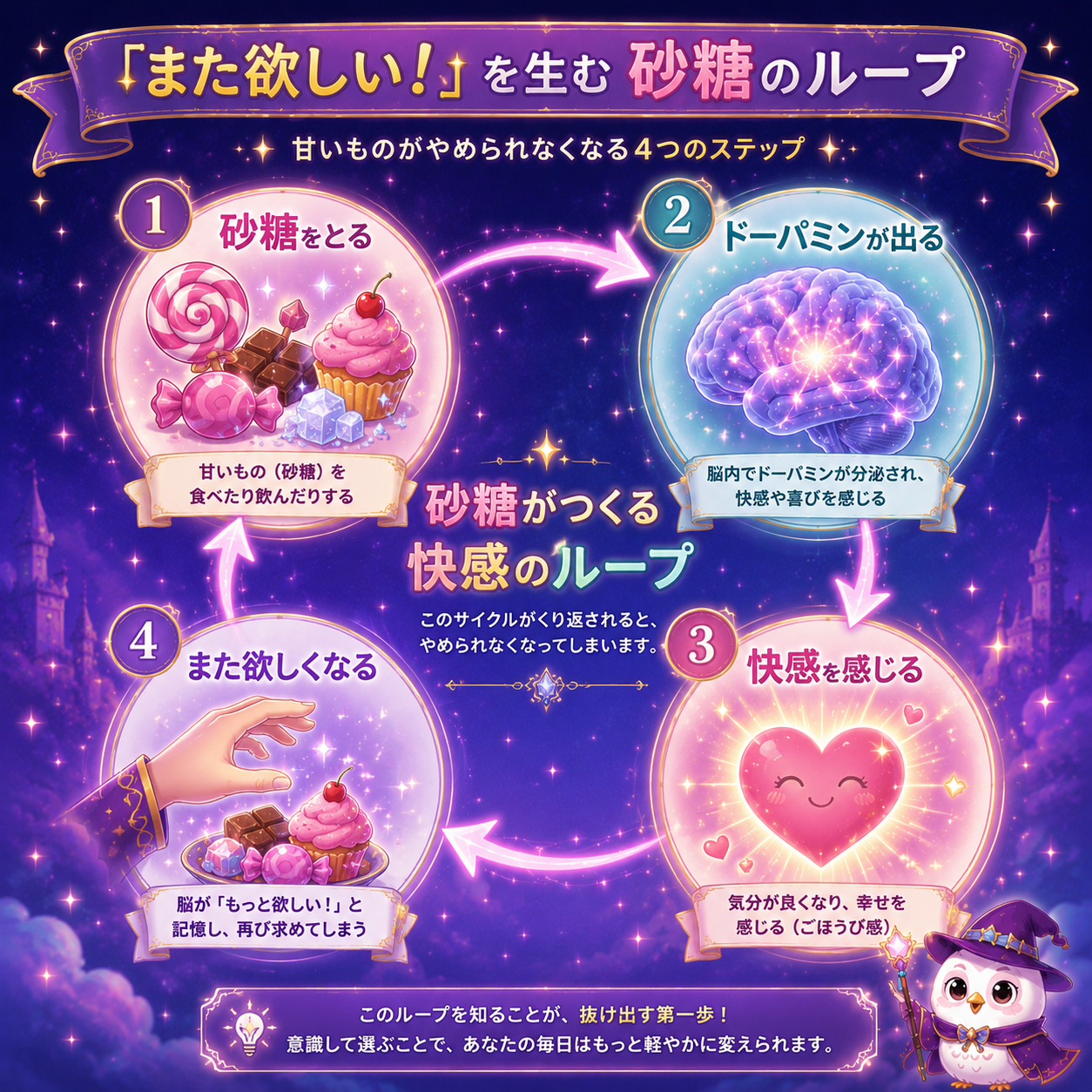 A circular flow diagram in fantasy style showing 4 glowing stages: sugar candy,
a sparkling brain, a happy glowing heart (reward), and a hand reaching for more,
connected by magical arrows forming a loop. Violet-pink-teal palette, soft glow,
storybook art, clean readable icons, vibrant colors.