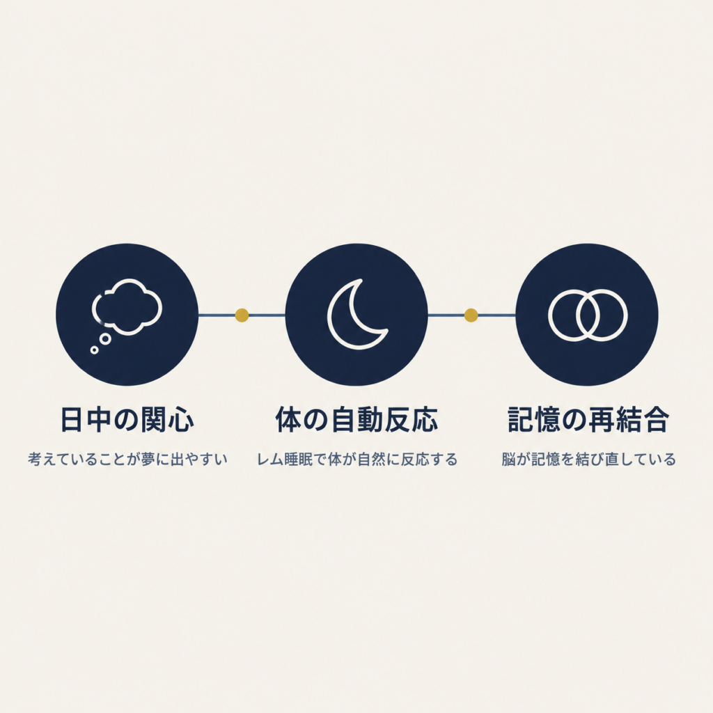 Minimal flat infographic with three equal circular nodes arranged horizontally, connected by a thin line. Each circle contains a simple line icon: first a thought bubble, second a crescent moon, third interlocking rings. Deep navy (#16233D) circles on warm off-white background (#F4F1EA), thin slate blue connectors (#3D5A80), one gold accent dot (#C9A227). Clean vector style, lots of white space, professional and minimal. no text or lettering anywhere in the image; leave clear empty space beside each element where labels will be added later