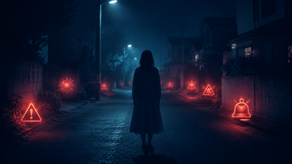 A quiet cinematic scene in deep navy and teal tones: a lone female silhouette standing calmly in the middle of a dark empty street at night, while faint red warning glows surround her unnoticed, soft volumetric fog, muted colour palette, film-still atmosphere, melancholic but not frightening, no face visible, no text, 16:9