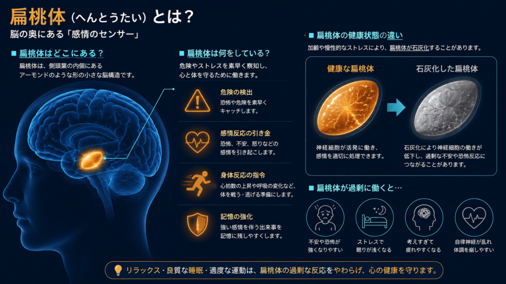 A clean scientific infographic on a deep navy background showing a side view of a human brain with the amygdala highlighted in glowing amber, a small inset diagram comparing a healthy amygdala versus a calcified one shown in chalky grey, thin cyan connector lines and labels, flat vector medical illustration style, limited palette of navy, cyan, amber and off-white, no text labels, 16:9