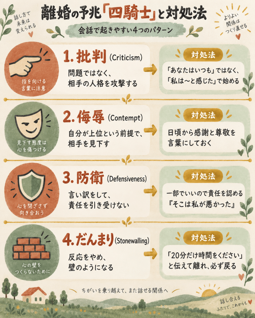 Warm hand-drawn gouache infographic with four stacked rows, each row containing a simple symbolic icon on the left and an empty label area on the right: a pointing finger, a smirking mask, a raised shield, a brick wall. Cream #F7F1E8 background, terracotta #C97B5A and sage green #7E9A83 icons, warm charcoal #3F3A36 linework, muted gold #D9A441 divider lines. Soft paper grain, generous spacing, no text, calm and non-threatening editorial style, 4:5.