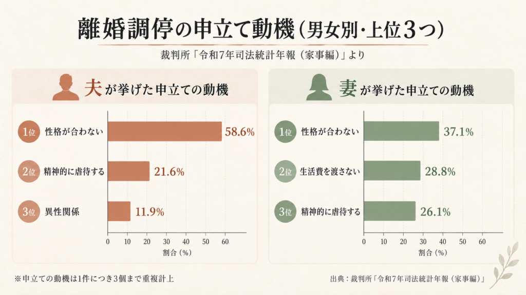 裁判所が公表した「令和7年司法統計年報(家事編)」
夫が挙げた申立ての動機(上位3つ)
1位:性格が合わない
2位:精神的に虐待する
3位:異性関係
妻が挙げた申立て動機(上位3つ)
1位:性格が合わない
2位:生活費を渡さない
3位:精神的に虐待する