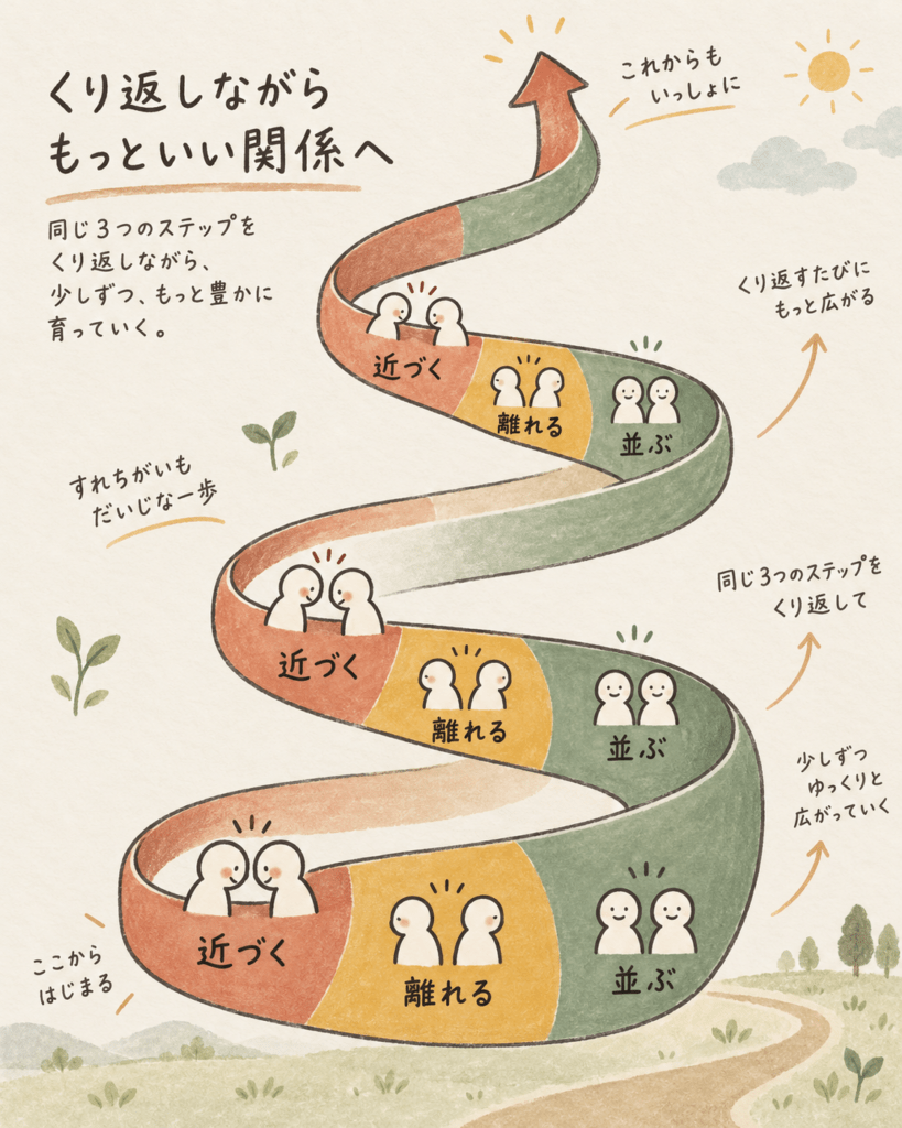 Hand-drawn gouache diagram of an upward spiral made of three repeating coloured segments, ascending from bottom to top, each loop slightly wider than the last. Segment colours: warm terracotta #C97B5A, muted gold #D9A441, sage green #7E9A83, on cream #F7F1E8 background with warm charcoal #3F3A36 fine linework. Small simple icons beside each segment: two figures leaning together, two figures turned away, two figures side by side. Soft paper texture, no text, calm educational infographic style, 4:5.