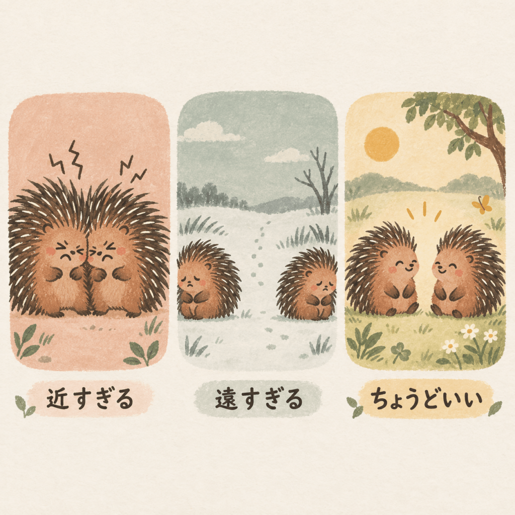 Warm hand-drawn gouache infographic showing three panels in a row: two small porcupines too close and wincing, two porcupines far apart and cold, two porcupines at a comfortable middle distance looking content. Cream #F7F1E8 background, terracotta #C97B5A porcupines, sage green #7E9A83 accents, warm charcoal #3F3A36 line work, muted gold #D9A441 highlight on the middle panel. Soft paper grain, rounded shapes, no text, gentle and warm children's-book illustration feel, 1:1.