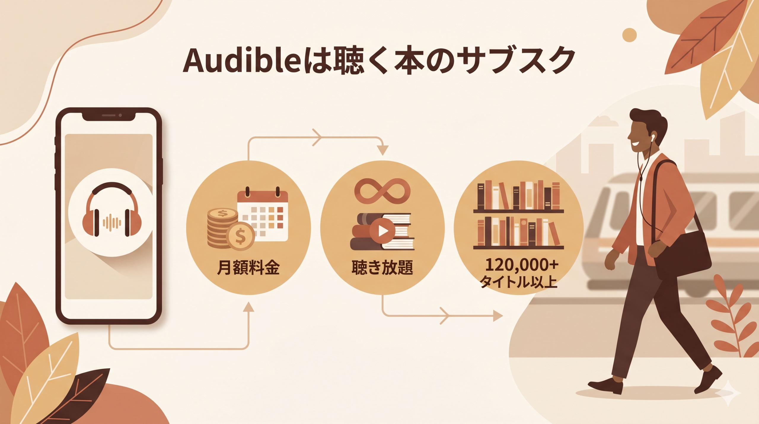 Minimal flat-style infographic showing the concept of an audiobook subscription service. Left: a smartphone with headphones icon. Center: three warm-beige circular icons labeled conceptually as “Monthly fee”, “Unlimited listening”, “120,000+ titles”. Right: a happy commuter silhouette walking with earphones. Color palette: warm beige, terracotta, cream, soft brown. Clean sans-serif look, gentle shadows, no actual text (labels will be added later).