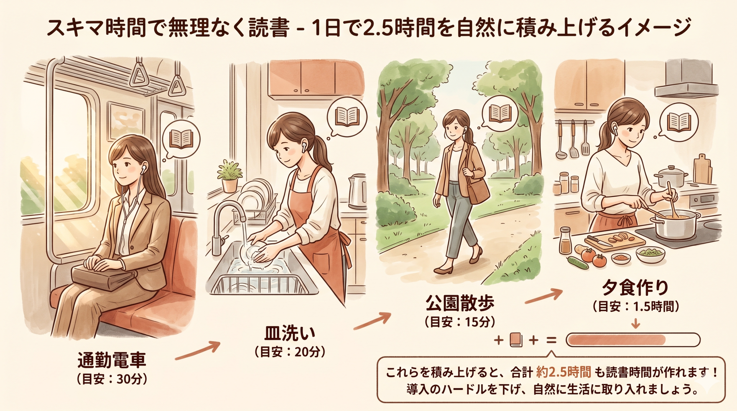 Horizontal timeline illustration showing one day of a busy office worker: commuting by train, doing dishes, walking in the park, cooking dinner — each scene featuring wireless earphones and a small book icon floating nearby to imply audio listening. Warm beige, soft terracotta, cream tones, hand-drawn feel, friendly and calming mood. No text labels (will be added later).