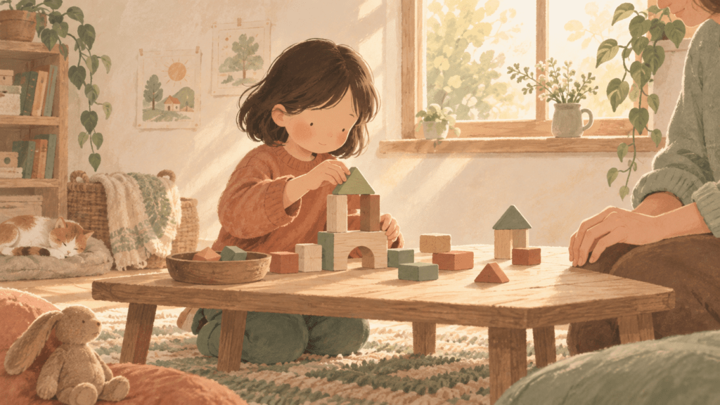A child sitting at a low wooden table carefully building something from blocks, an adult's hands resting nearby without interfering, warm afternoon light through a window. Quiet, patient atmosphere. Warm natural editorial illustration. Palette: warm cream #F7F1E8, soft terracotta #C97B5A, sage green #8AA08A, muted clay brown #8C6B58. Soft diffused daylight, gentle organic shapes, hand-drawn feel with subtle paper grain, generous white space, calm and hopeful mood, faces kept soft and undetailed. no text or lettering anywhere in the image; leave clear empty space beside each element where labels will be added later.