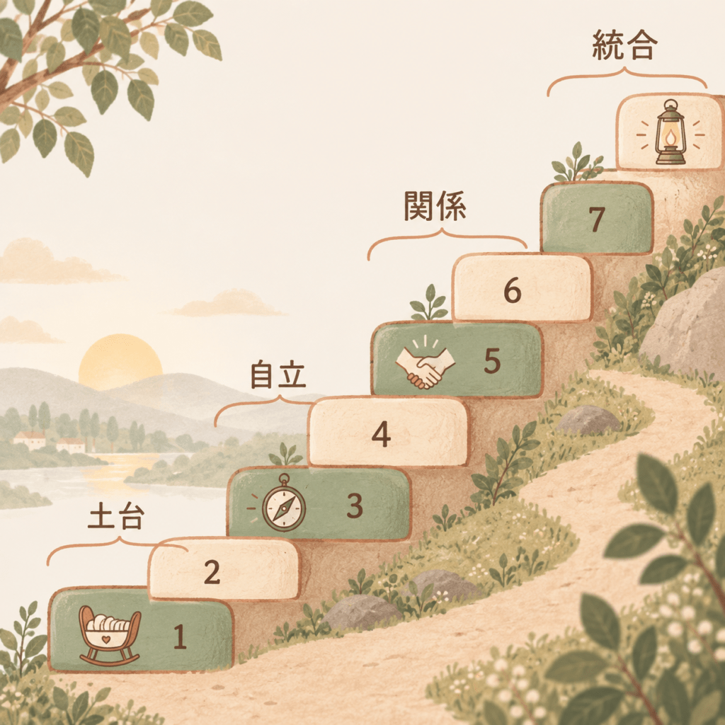 A gentle eight-step staircase rising from lower left to upper right, each step a rounded block in alternating sage green and warm cream, with tiny simple icons on four of the steps: a cradle, a compass, two joined hands, and a lantern. Wide empty space to the left of the staircase and above each icon. Warm natural editorial illustration. Palette: warm cream #F7F1E8, soft terracotta #C97B5A, sage green #8AA08A, muted clay brown #8C6B58. Soft diffused daylight, gentle organic shapes, hand-drawn feel with subtle paper grain, generous white space, calm and hopeful mood, faces kept soft and undetailed. no text or lettering anywhere in the image; leave clear empty space beside each element where labels will be added later.