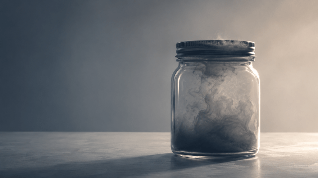 Quiet minimal editorial illustration: a closed glass jar on a plain surface, soft directional

light, faint wisps of grey vapour pressing against the inside of the lid. Muted desaturated

palette of navy, warm grey and off-white. No people, no faces, no text. Wide composition,

abundant negative space, calm and restrained documentary mood.