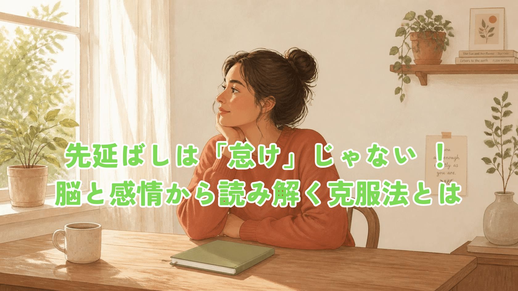 A warm, soft illustration of a person sitting quietly at a wooden desk by a window with gentle morning light, an unopened notebook in front of them, looking thoughtful but calm. Natural earthy color palette (terracotta, cream, sage green), hand-drawn textured style, gentle and empathetic mood, plenty of negative space.