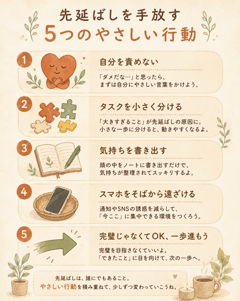 A warm, hand-drawn step infographic listing 5 gentle self-care actions to overcome procrastination, arranged vertically with soft rounded icons: a heart (self-compassion), puzzle pieces (break tasks down), an open journal, a phone placed away, and a forward arrow. Natural earthy palette (terracotta, cream, sage green), Japanese labels, cozy textured paper look.