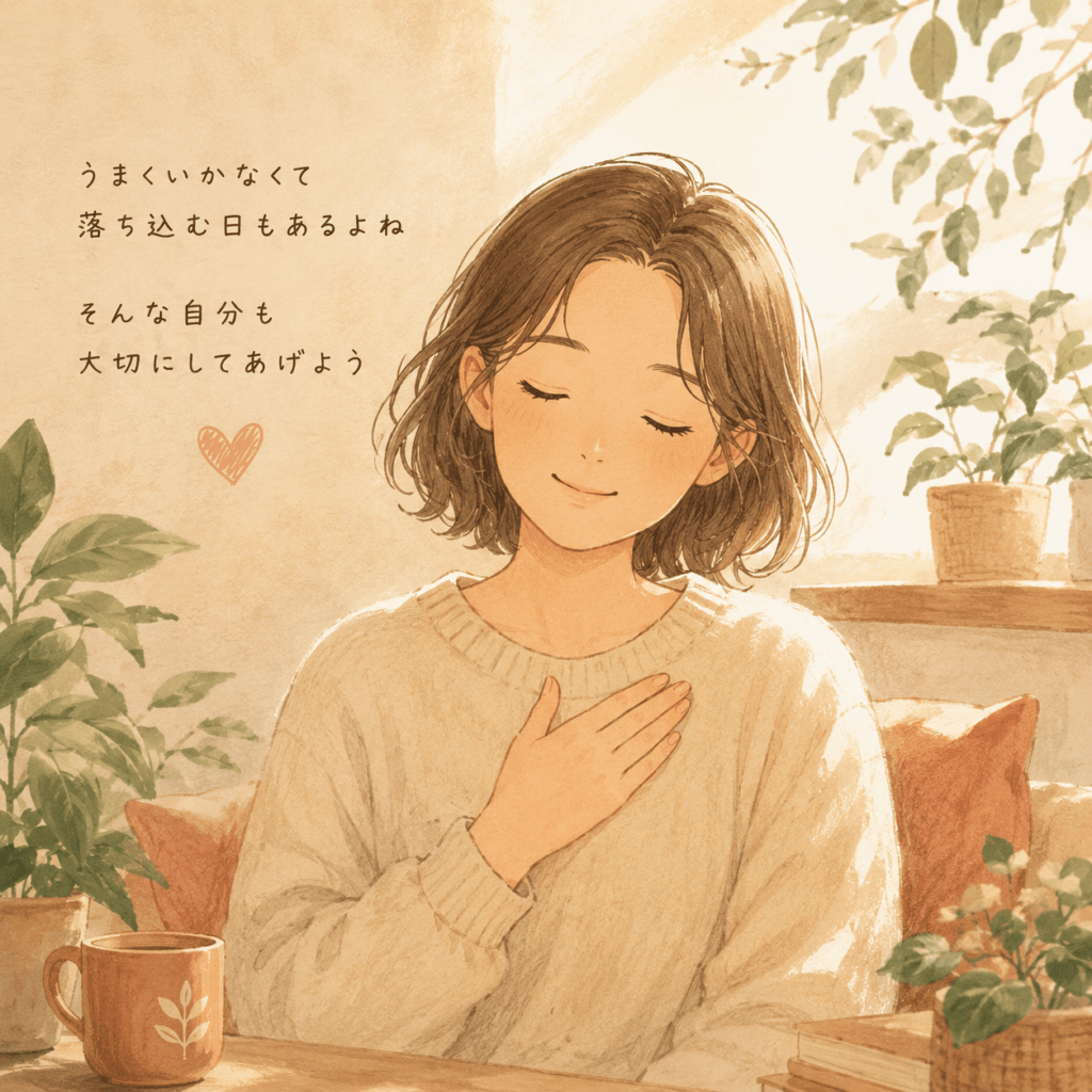 A tender, warm illustration of a person gently placing a hand on their own chest, eyes closed, sitting among soft plants and warm light. Conveys self-kindness and reassurance, not shame. Natural earthy palette (cream, terracotta, sage), hand-drawn soft texture, calming and empathetic atmosphere.