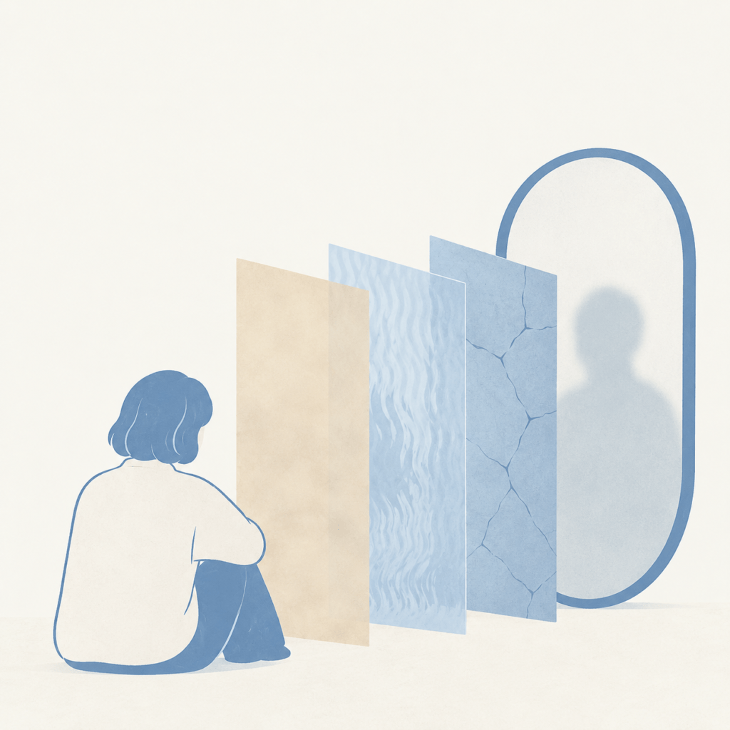 Square conceptual illustration. A single seated figure viewed from behind at the lower left,
facing a tall oval mirror on the right side of the frame.
Between the figure and the mirror stand three translucent upright panes, evenly spaced and
slightly overlapping, each rendered in a different treatment: the nearest pane is a dense
warm beige fog, the middle pane is rippled distorting glass in pale sky blue, the farthest
pane is a cracked dusty blue surface. The mirror behind all three panes shows only a vague,
unreadable silhouette.
Composition strictly bottom-weighted: the upper third of the square is left as clean empty
off-white space, and a clear horizontal band of empty space runs along the bottom edge.
Flat vector editorial illustration, minimalist. Colour palette strictly limited to dusty
muted blue (#4A6FA5), pale sky blue (#A8C0DC), warm beige (#E8DCC8) and off-white (#FAF7F2).
Soft matte texture, thin clean linework, generous white space, calm and non-dramatic mood.
Absolutely no text, no letters, no numbers, no labels anywhere in the image.