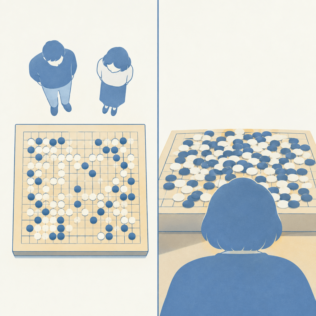 Split-screen conceptual illustration comparing two viewpoints of the same situation.
LEFT PANEL: a go/baduk board seen from directly above, clear and orderly, with two small
observer figures standing calmly at the edge looking down — everything legible and bright.
RIGHT PANEL: the same board seen from a low seated eye level by a single player, the stones
crowded and overlapping into an unreadable tangle, warm shadow across the foreground.
A thin vertical divider line separates the panels. Same board, two viewpoints.
Flat vector editorial illustration, minimalist. Colour palette strictly limited to dusty muted blue (#4A6FA5), pale sky blue (#A8C0DC), warm beige (#E8DCC8) and off-white (#FAF7F2). Soft matte texture, thin clean linework, generous white space, calm and non-dramatic mood. Absolutely no text, no letters, no numbers, no labels anywhere in the image.
