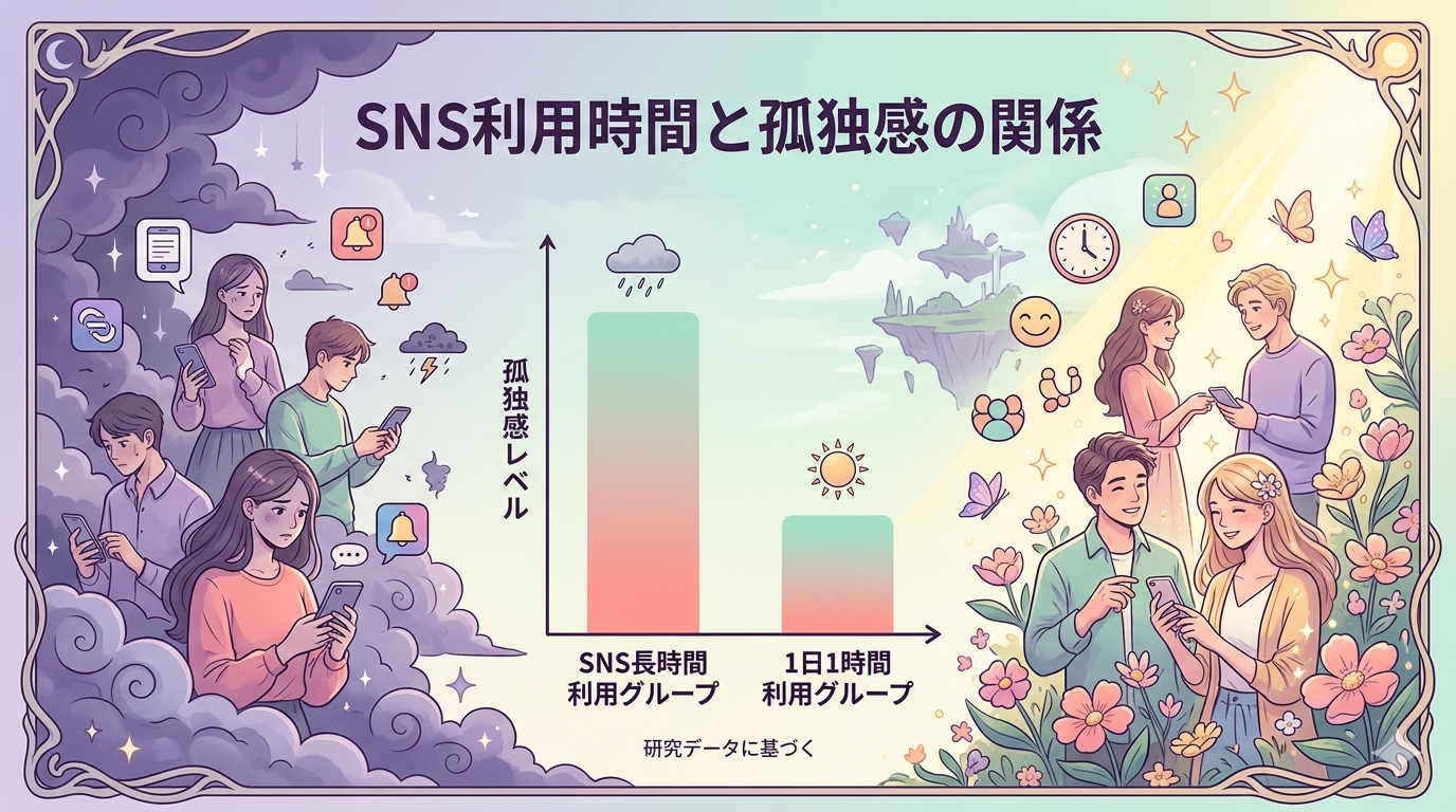 A fantasy-style infographic illustration showing a gentle comparison between two groups: one group using social media heavily (surrounded by swirling dark purple clouds and fading stars) and another group limiting use to 1 hour per day (surrounded by bright golden light, blooming flowers, and sparkling butterflies). A soft gradient bar chart in the center shows "loneliness level" decreasing. Pastel color palette with lavender, mint green, coral pink, and gold. Whimsical fantasy art style, no real text, icons and visual metaphors only.