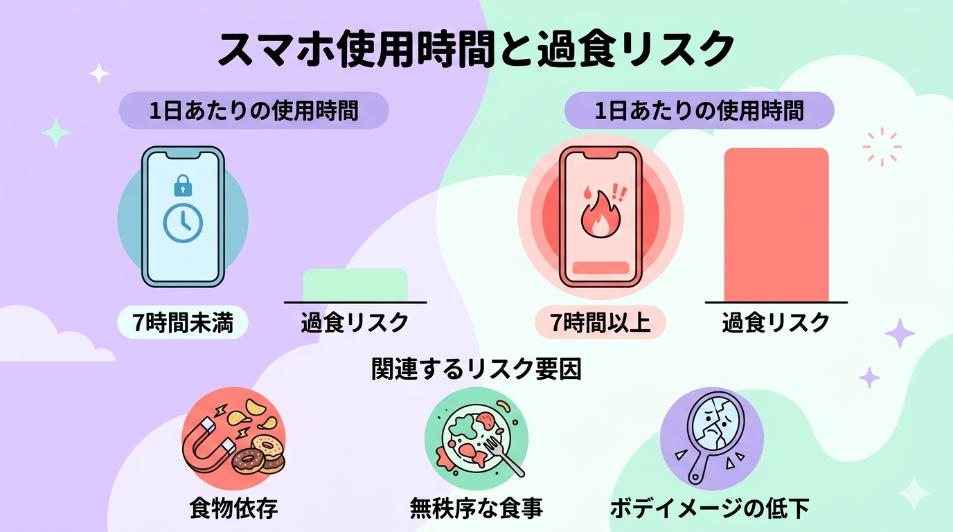 A pop-style data visualization infographic comparing smartphone usage levels and overeating risk. Left side shows a phone icon with "Under 7 hours" and a small green bar (low risk). Right side shows a phone icon glowing red with "Over 7 hours" and a large coral pink bar (high risk). Below, three icons represent: food addiction (magnet + donut), disordered eating (messy plate), and poor body image (broken mirror). Pastel background in lavender and mint green. Flat design, rounded shapes, playful but informative. Clean sans-serif labels. No realistic photos.