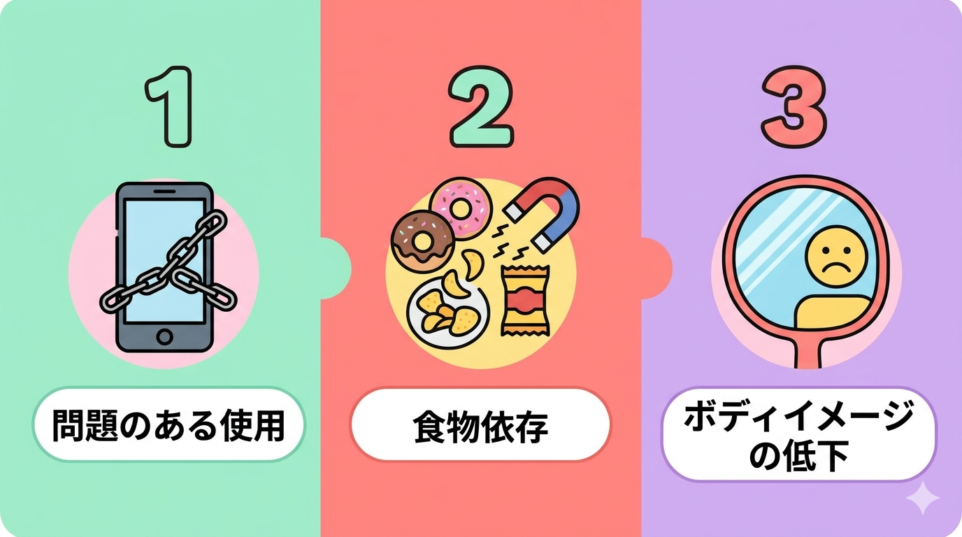A colorful pop-style infographic with three connected sections on a pastel background (mint green, coral pink, lavender). Section 1: a smartphone icon with a chain symbolizing dependency, labeled "Problem Use". Section 2: junk food icons (donuts, chips) with a magnet pulling toward them, symbolizing food addiction. Section 3: a mirror reflection showing a sad face, symbolizing poor body image. Each section has a large number (1, 2, 3) in bold rounded font. Flat design, playful and easy to understand. Rounded shapes, no realistic photos. Minimal text labels in clean sans-serif font.