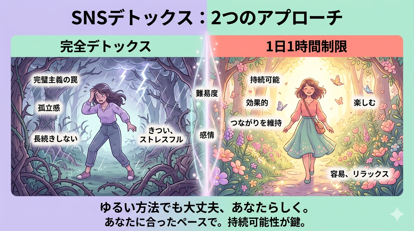 A fantasy-style split comparison illustration. Left side: a person struggling in a dark stormy magical forest (representing full digital detox - difficult), surrounded by thorny vines and fading light. Right side: the same person happily walking on a glowing flower-lined path in a bright enchanted garden (representing 1-hour limit - easy and effective), with butterflies and warm sunlight. A gentle magical barrier divides the two scenes. Pastel color palette: lavender, mint green, coral pink, and gold. Colorful fantasy illustration style, soft lighting, no text.