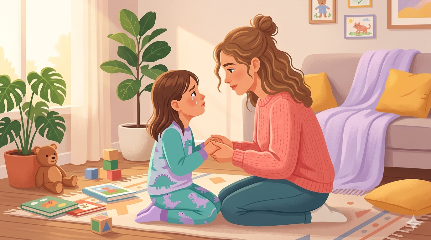 A warm modern illustration of a parent kneeling down to eye level with a young child who looks upset. The parent has a calm, empathetic expression and is gently holding the child's hands. Soft warm lighting. Cozy home environment with plants and toys in the background. Color palette: coral pink, teal, warm yellow, soft lavender. Flat illustration style with soft gradients. Emotionally warm and reassuring mood. No text.