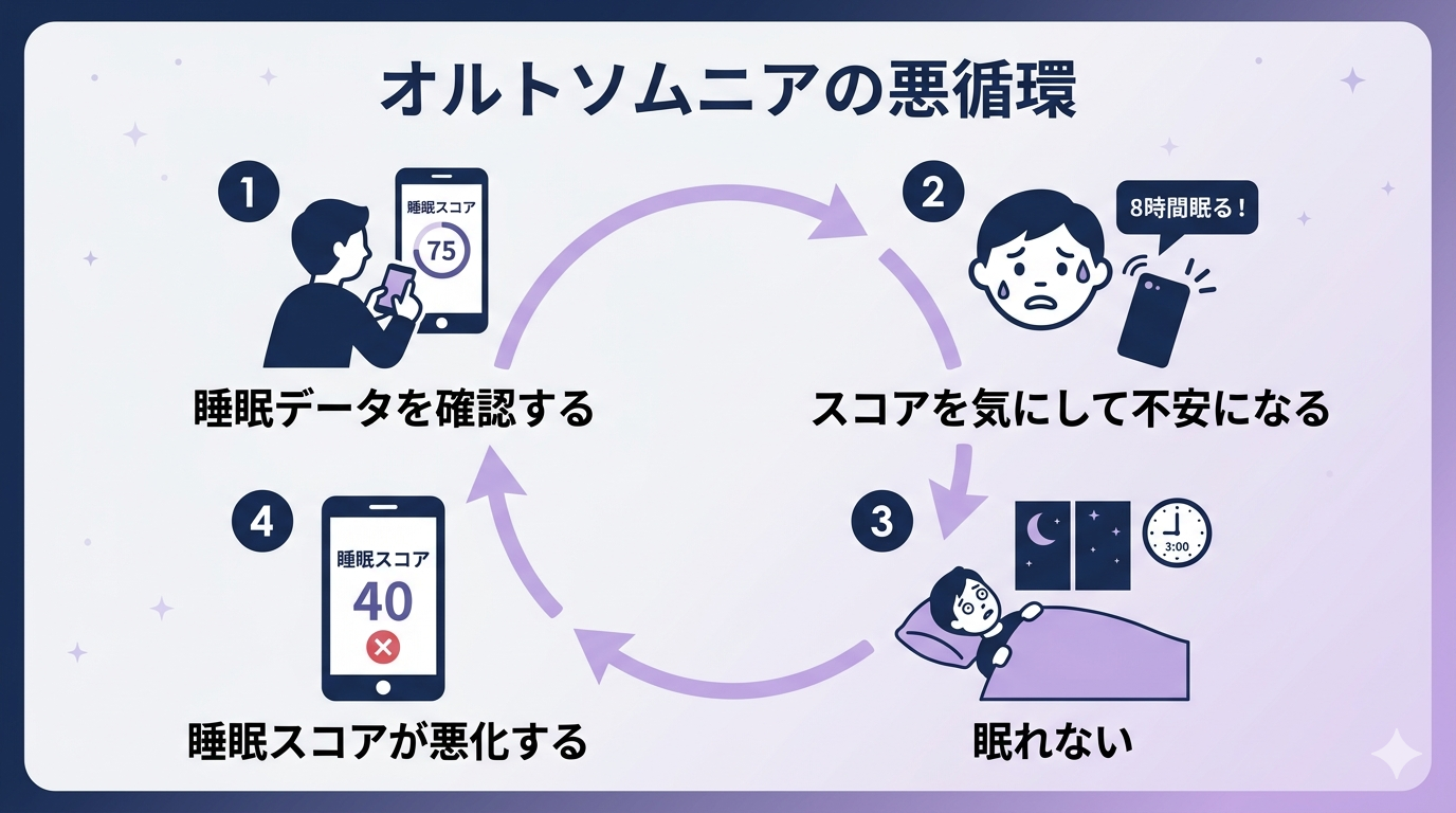 A minimalist infographic showing the vicious cycle of orthosomnia. Circular flow diagram with 4 steps connected by arrows: (1) checking sleep score icon, (2) anxiety/worry face icon, (3) difficulty sleeping moon icon, (4) worse sleep score icon, leading back to step 1. Clean flat design style. Color palette: navy blue (#1B2A4A), lavender (#C8B6E2), white (#FFFFFF), with soft gradient backgrounds. No text in the image. Icons only. Modern and simple aesthetic with subtle star motifs.