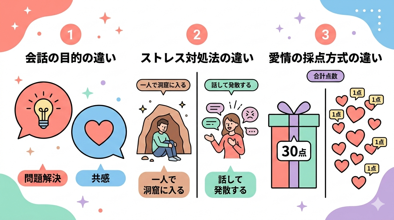 A pop and colorful infographic with three sections side by side, flat illustration style, pastel color palette with coral pink sky blue mint green and lavender. Section 1: two speech bubbles, one with a lightbulb icon labeled Problem Solving and one with a heart icon labeled Empathy. Section 2: a man sitting alone in a cave icon vs a woman talking with speech lines around her. Section 3: a single large gift box with 30 points vs many small hearts each with 1 point. Clean minimal design, icons and simple illustrations, no realistic photos, white background, friendly and warm tone