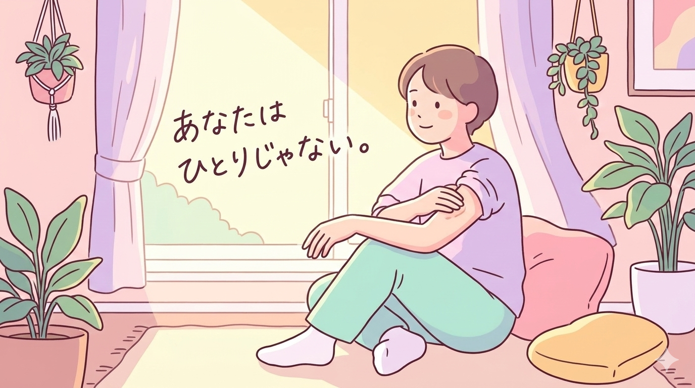 A warm and comforting pop-style illustration of a person sitting by a window with soft sunlight streaming in. They are gently touching their arm (suggesting skin awareness) while looking thoughtful but hopeful. Soft pastel color palette: pink, lavender, mint, and warm yellow. Plants and cozy elements in the background. Rounded, friendly illustration style. No text. Conveys a feeling of self-care, gentleness, and hope.