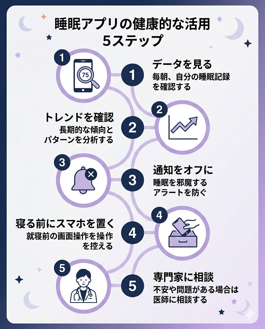 A minimalist step-by-step flow diagram showing 5 steps for healthy sleep app usage. Vertical layout with numbered circles (1-5) connected by gentle curved lines. Each step represented by a simple icon: (1) magnifying glass on phone, (2) trend line graph, (3) notification bell with off symbol, (4) phone being put away, (5) doctor/professional icon. Clean flat design. Color palette: navy blue (#1B2A4A), lavender (#C8B6E2), white (#FFFFFF). No text in image. Modern minimal aesthetic with subtle crescent moon decorations.