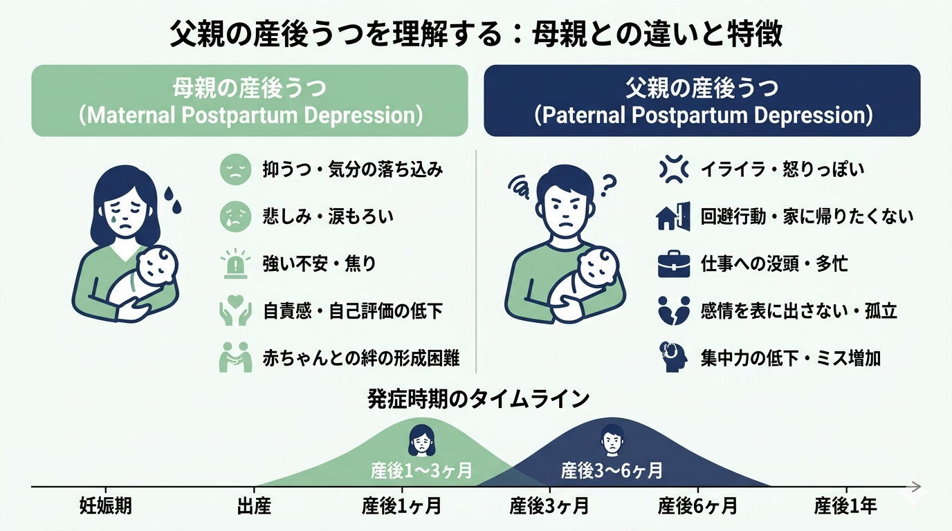 A clean, modern infographic comparing maternal and paternal postpartum depression side by side, two columns layout, left side showing a mother icon with symptoms listed (sadness, crying, anxiety), right side showing a father icon with symptoms listed (irritability, anger, avoidance, fatigue), timeline bar at bottom showing onset periods, navy blue and soft green color palette with white background, flat design icons, minimal text placeholders, professional medical illustration style, no photorealistic elements