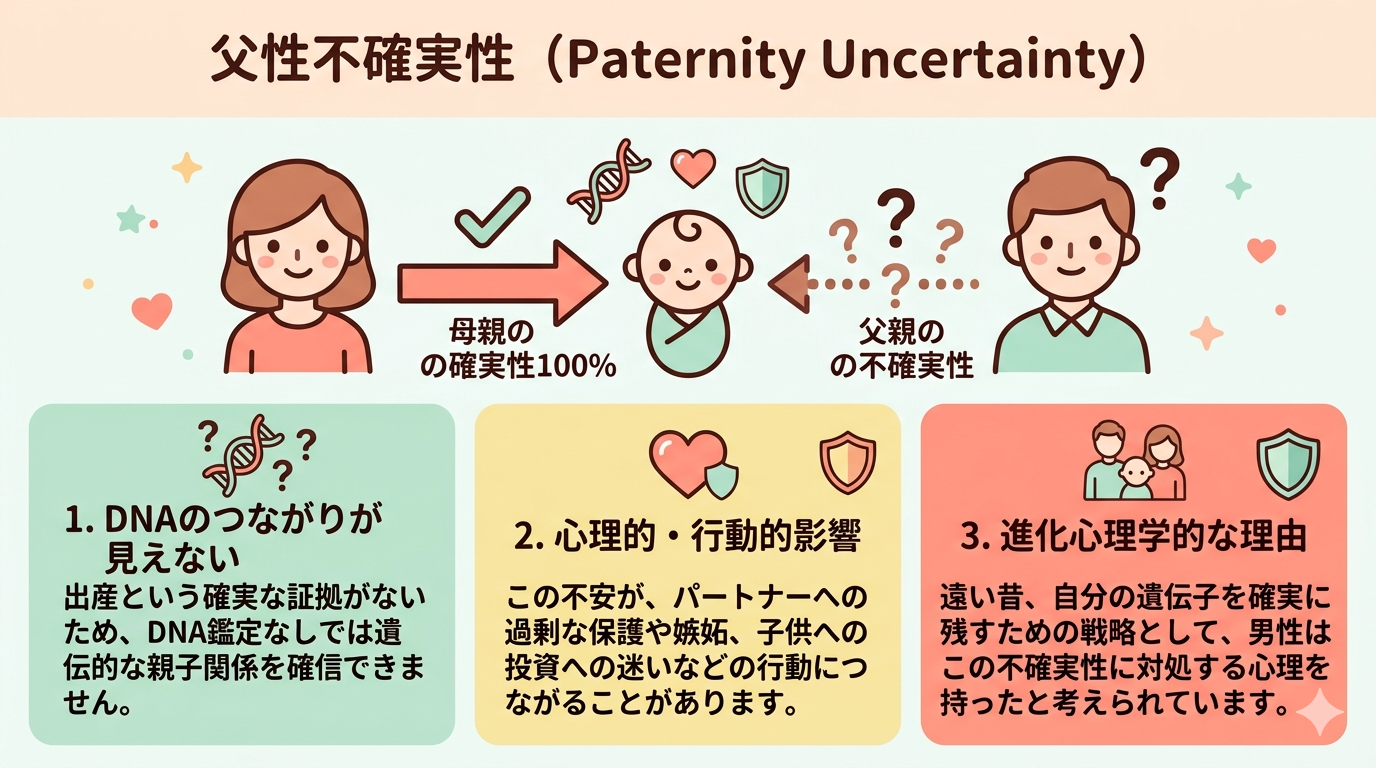 A simple, cute flat-design infographic explaining "paternity uncertainty" concept. Show a woman (simple icon) with 100% certainty arrow pointing to a baby icon, and a man (simple icon) with a question mark and uncertainty symbol. Use pastel colors (coral pink, mint green, light yellow). Add small icons: DNA strand, heart, shield. Clean pop illustration style, no text needed in the image itself, friendly and non-threatening visual tone. 2D kawaii style.