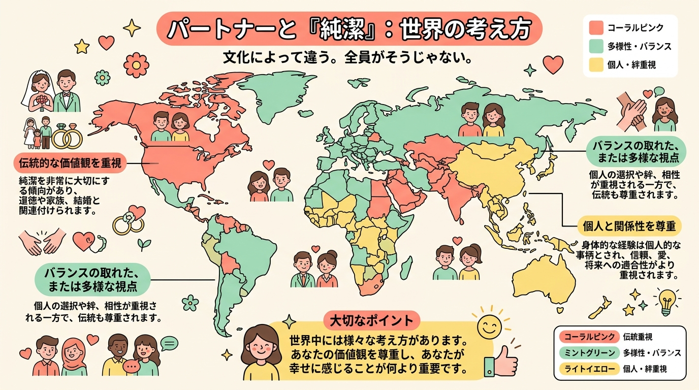 A colorful flat-design infographic showing a world map with regions highlighted in different pastel colors (coral, mint, yellow) to represent different levels of "valuing virginity in a partner" across cultures. Simple icons of couples next to each region. Title area at the top in playful rounded font. Clean pop style, no real people, cute 2D illustration. Color palette: coral pink, mint green, light yellow, off-white background. No explicit imagery.