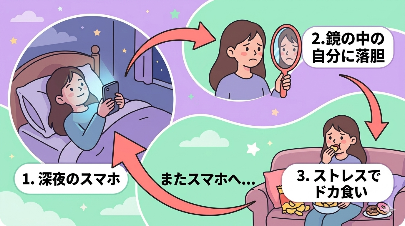 A pop-style flat illustration showing a cycle: a teenage girl scrolling on her phone at night in bed (blue light glowing), then feeling stressed looking in a mirror, then eating snacks emotionally on a couch, then back to the phone. The cycle is connected by curved arrows in coral pink. Background in soft pastel lavender and mint green with small stars and cloud shapes. Rounded friendly art style, no realistic elements. Warm but slightly melancholic mood.