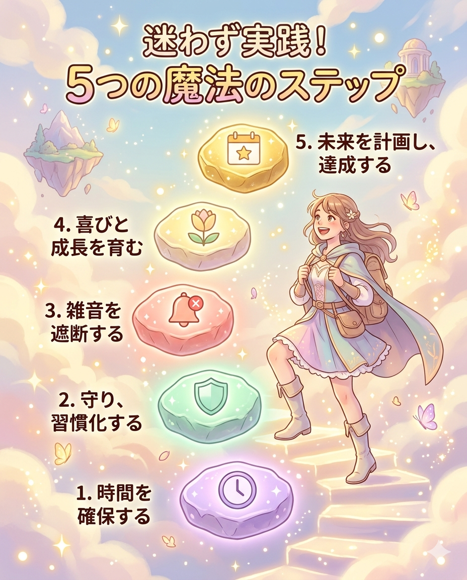 A vertical fantasy illustration showing 5 magical stepping stones floating upward in a dreamy sky, each step glowing with a different pastel color (lavender, mint green, coral pink, soft yellow, gold). Each stone has a simple icon: step 1 - a clock, step 2 - a shield, step 3 - a bell with an X, step 4 - a blooming flower, step 5 - a calendar with a star. A young woman is cheerfully climbing the steps. Soft sparkles and butterflies surround the scene. Colorful fantasy illustration style, warm lighting, no text.