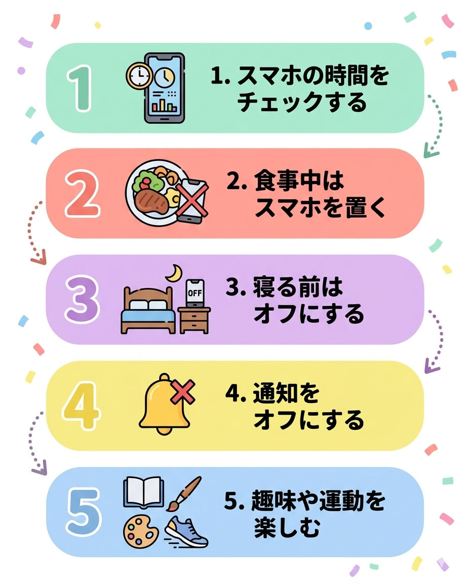 A colorful pop-style step-by-step vertical infographic with 5 numbered steps. Each step has a rounded pastel-colored box (mint green, coral pink, lavender, lemon yellow, soft blue) with a cute flat icon: Step 1 - a phone showing a clock/screen time, Step 2 - a plate of food with a phone crossed out, Step 3 - a bed with a moon and phone with "off" symbol, Step 4 - a notification bell with an X mark, Step 5 - a book, paintbrush, and sneaker icons. Connected by playful dotted arrows going downward. White background with confetti-like decorative elements. Rounded friendly style, no realistic photos.