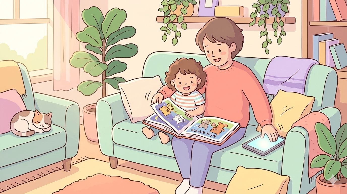 親と子が仲良く絵本を読んでいる