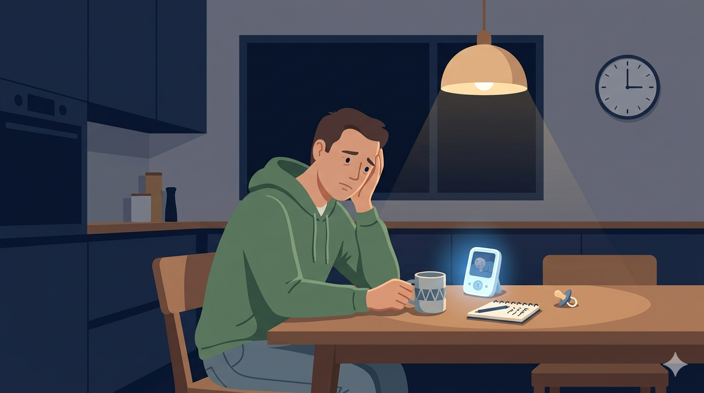 A modern, minimalist illustration of a tired father sitting at a kitchen table late at night with a baby monitor nearby, head resting on his hand, dim warm lighting, soft shadows, a cup of cold coffee on the table, subtle expression of exhaustion and worry, navy blue and soft green muted tones with warm light accents, clean flat illustration style, simple modern kitchen background, empathetic and gentle mood, no text, editorial illustration style