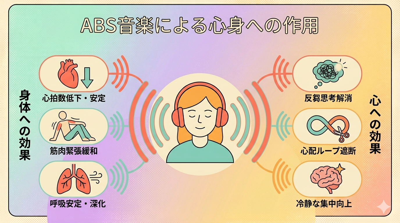 A retro-pop style infographic showing the dual effect of ABS music on body and mind. Center: illustration of a person wearing headphones with sound waves emanating. Left branch labeled "Body" with icons for heart rate (calming down), muscle tension (releasing), breathing (slowing). Right branch labeled "Mind" with icons for ruminating thoughts (dissolving), worry loops (breaking), calm focus (growing). Pastel color palette with coral, mint green, lavender, and warm yellow. Vintage halftone texture. Rounded shapes and friendly icons. Symmetrical layout. No real text, use icons and visual labels only.