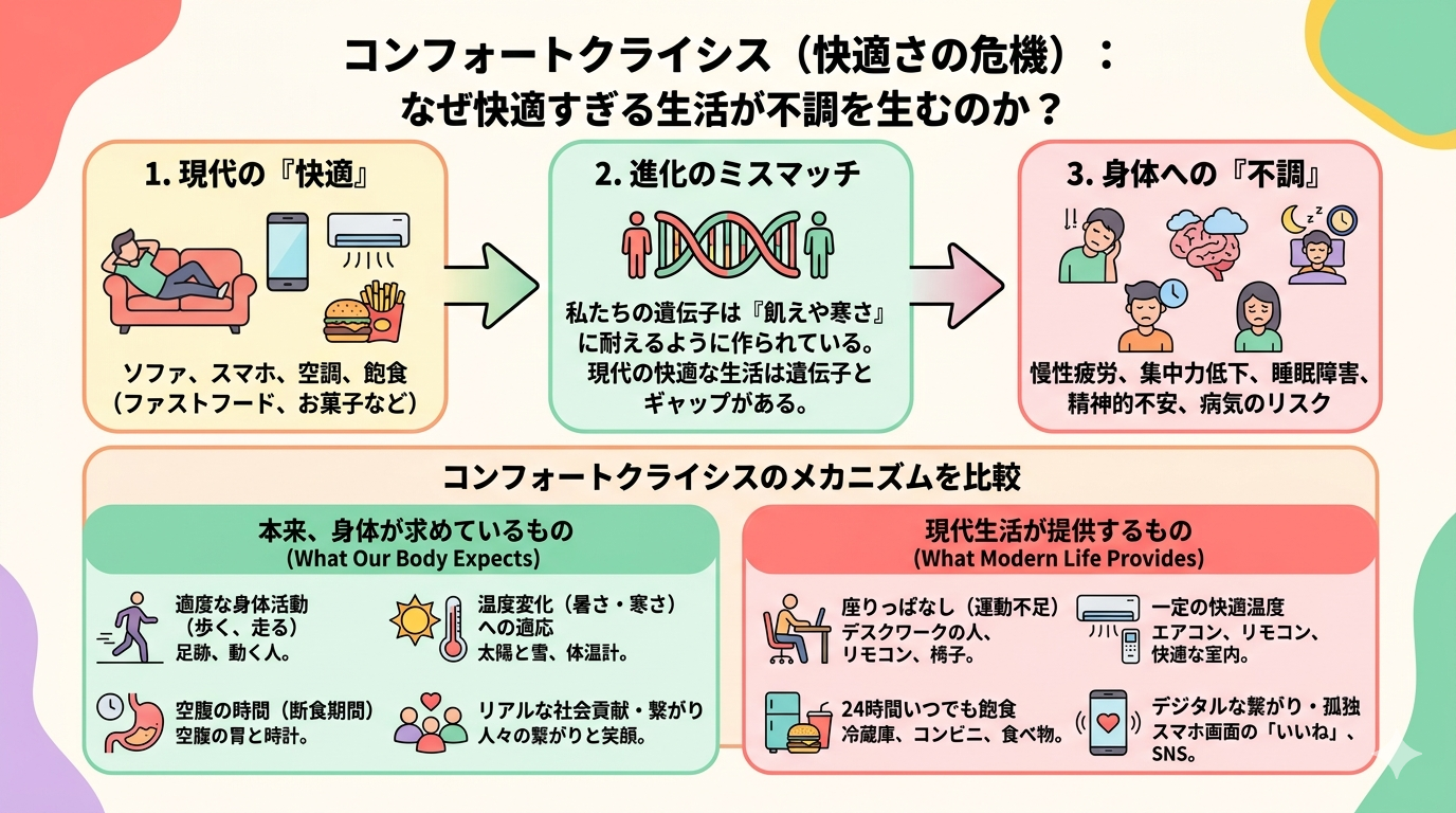A pop and colorful infographic explaining "Comfort Crisis" concept. Flowchart style from left to right: Step 1 icon of modern comforts (couch, phone, AC, fast food) → Step 2 arrow showing "evolutionary mismatch" with a DNA helix icon → Step 3 icons of symptoms (fatigue, brain fog, insomnia, low mood). Below the flow, a comparison panel: "What our body expects" (walking, cold/heat exposure, fasting periods, social bonding) vs "What modern life provides" (sedentary, constant temperature, 24/7 eating, digital isolation). Flat design, rounded shapes, color palette: coral pink, mint green, sun yellow, soft purple on white background. No photorealistic elements. Clean, modern, editorial style.