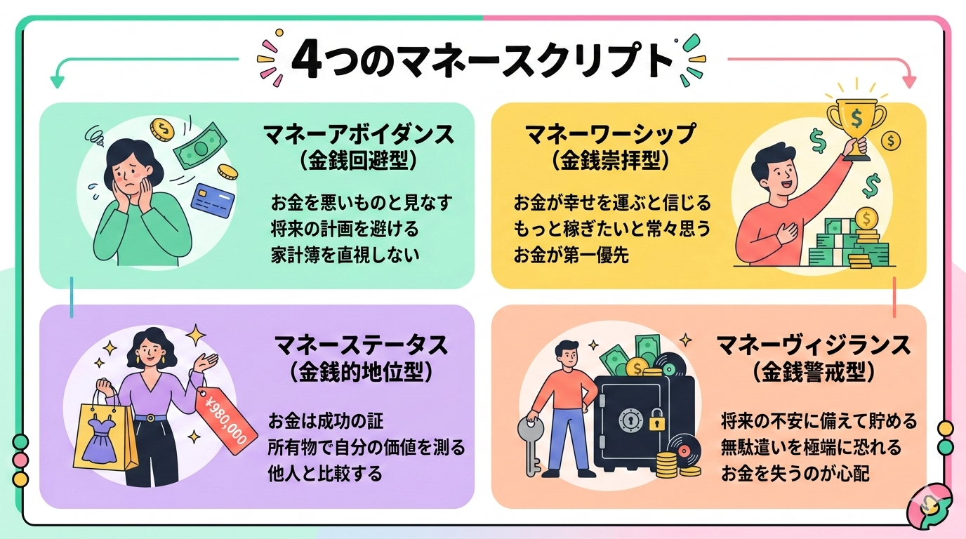 A colorful flat infographic showing 4 types of "Money Scripts" arranged in a 2x2 grid. Each quadrant has a unique pastel color: mint green for "Money Avoidance" with an icon of a person turning away from coins, sunny yellow for "Money Worship" with an icon of a person reaching for a golden trophy, lavender for "Money Status" with an icon of a shopping bag and price tag, peach for "Money Vigilance" with an icon of a locked safe. Each quadrant has a short label and 2-3 keyword traits. Center title: "4 Money Scripts". Clean rounded shapes, pop and colorful style, white background, no photorealism.