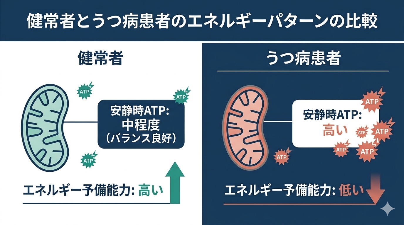 A clean, professional infographic comparing cellular energy patterns between healthy individuals and depression patients. Left side labeled "Healthy" shows a balanced mitochondria icon with moderate resting ATP and high spare capacity (shown as upward green arrow). Right side labeled "Depression" shows a mitochondria icon with high resting ATP (overflowing energy symbols) but low spare capacity (short, dim arrow). Color palette: navy blue (#1B3A5C) background sections, white text areas, teal green (#2A9D8F) for healthy indicators, muted coral for depression indicators. Minimalist style, no photographic elements, clean sans-serif typography placeholders, modern medical illustration aesthetic.