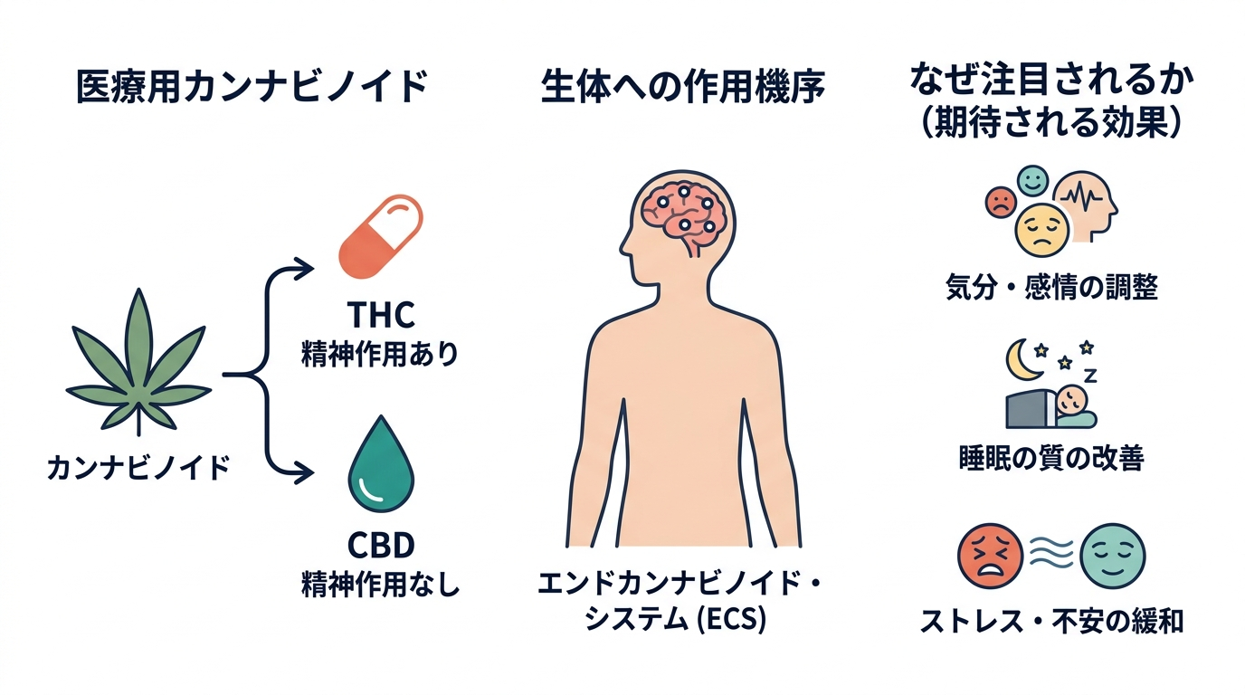 A clean, minimalist infographic explaining medical cannabinoids. Three-column layout on white background. Left column: a simplified cannabis leaf icon with label "Cannabinoids" and two branching arrows to "THC" (coral #E76F51 pill icon, labeled "psychoactive") and "CBD" (teal #2A9D8F drop icon, labeled "non-psychoactive"). Center column: a simple human body silhouette with highlighted brain showing receptor points, labeled "Endocannabinoid System (ECS)." Right column: three small icons representing mood, sleep, and stress response. Flat vector style, navy (#1B2A4A) text, no photorealism, professional medical design aesthetic. No real text, use placeholder lines for labels.