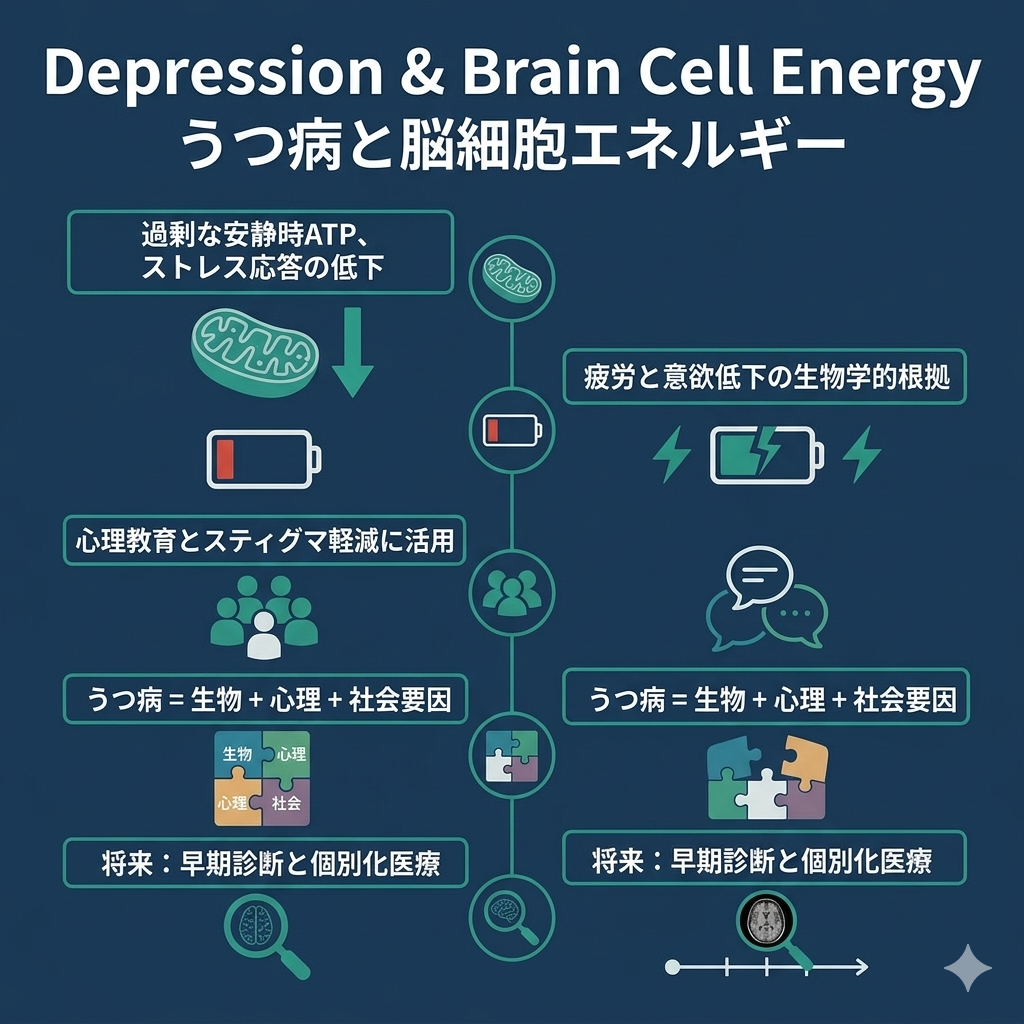 A square summary infographic titled "Depression & Brain Cell Energy" with 5 key takeaway points arranged vertically with small icons: 1) Mitochondria icon - "Excess resting ATP, reduced stress response" 2) Battery icon - "Biological basis for fatigue & low motivation" 3) People icon - "Use in psychoeducation & stigma reduction" 4) Puzzle icon - "Depression = bio + psycho + social factors" 5) Magnifying glass icon - "Future: early diagnosis & personalized treatment". Color palette: navy blue (#1B3A5C) background, white text, teal green (#2A9D8F) icons and accent lines. Minimalist, professional design, ample spacing, modern healthcare aesthetic. No photographic elements.