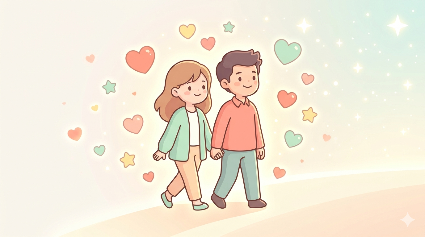 A warm, pop-style illustration of a couple holding hands and looking forward together, surrounded by soft glowing hearts and stars. The mood is hopeful and reassuring. Pastel color palette: coral pink, light yellow, mint green, off-white. Flat 2D kawaii illustration style. No text. Focus on emotional connection and future-looking positivity. No explicit content.