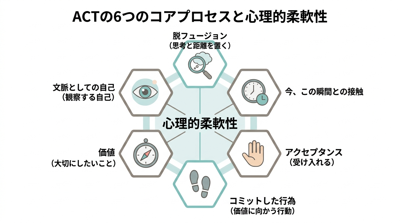 A clean, modern infographic showing the ACT hexaflex model. Six hexagonal icons arranged in a circle around a central label "Psychological Flexibility." Each hexagon contains a minimal icon: an open hand (Acceptance), a magnifying glass with thought bubble (Defusion), a clock/present moment symbol (Present Moment), an eye/observer icon (Self as Context), a compass (Values), footsteps (Committed Action). Soft teal, warm gray, and white color palette. Flat design, no text labels needed, minimalist style, professional and calming aesthetic, white background.