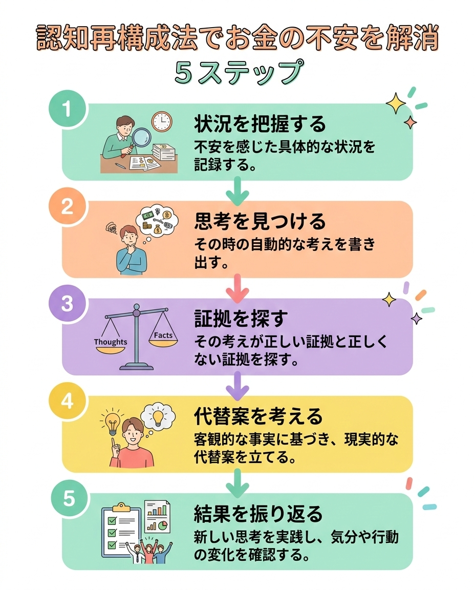 A vertical step-by-step flowchart infographic with 5 numbered steps for "Cognitive Restructuring for Money Anxiety". Each step is a rounded rectangle with a pastel color (Step 1: mint, Step 2: peach, Step 3: lavender, Step 4: sunny yellow, Step 5: mint). Arrows connect each step downward. Icons: Step 1 magnifying glass, Step 2 thought bubble, Step 3 balance scale, Step 4 lightbulb, Step 5 checklist. Title at top: "5 Steps to Rewrite Money Anxiety". Pop and colorful flat illustration style, white background, clean and friendly.