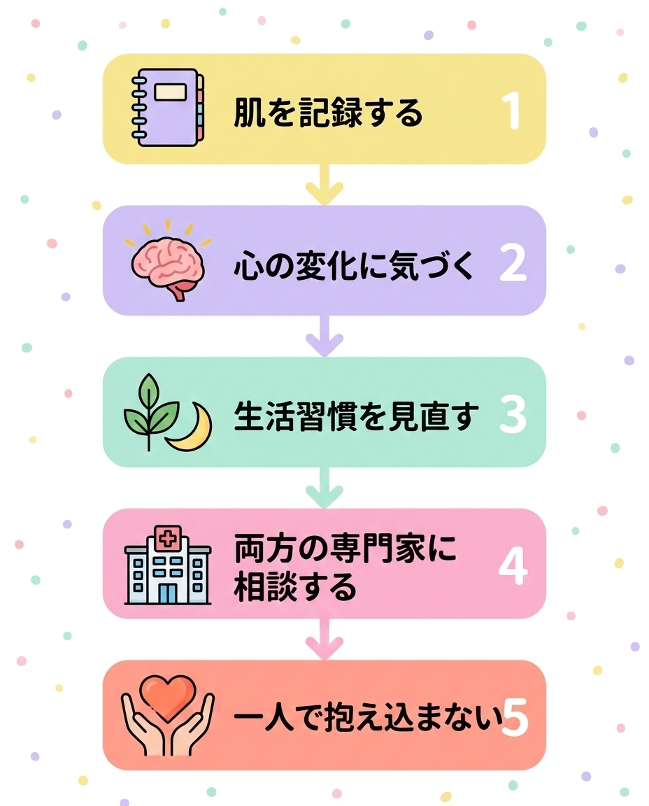 A colorful pop-style step-by-step infographic showing 5 steps vertically. Each step is in a rounded pastel-colored box connected by arrows. Step 1 (pastel yellow): notebook icon with "Record your skin." Step 2 (pastel lavender): brain icon with "Notice mental changes." Step 3 (pastel mint): leaf and moon icons with "Review your lifestyle." Step 4 (pastel pink): hospital icon with "Consult both specialists." Step 5 (pastel coral): hands holding a heart icon with "Don't carry it alone." White background with subtle confetti dots. Modern flat illustration, friendly rounded shapes, no paragraph text—only short labels.